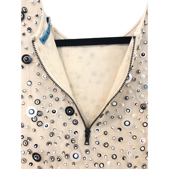 Alice + Olivia XS Beige Sleeveless Beaded Sequin Mini Dress Sheer Back Zipper - Picture 9 of 9